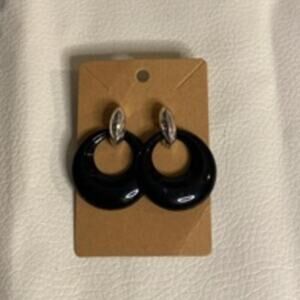 Vintage Black & Silver-Tone Double Hoop Earrings Post Backs